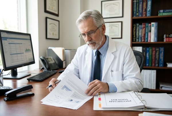 Physician reviewing patient reports beside a Physician Toolkit binder