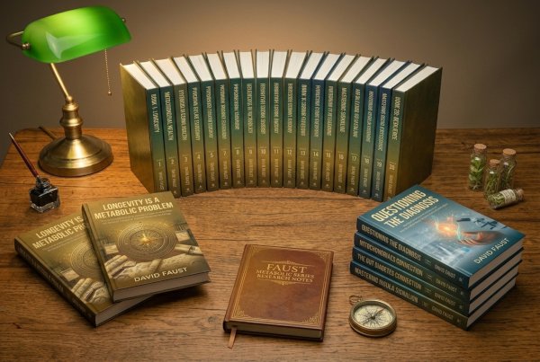 The 20-book Diabetic AI series displayed on a wooden desk