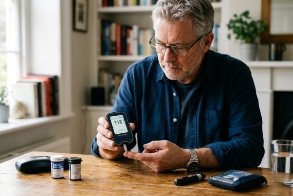 Middle-aged man checking his blood glucose with a meter at a kitchen table