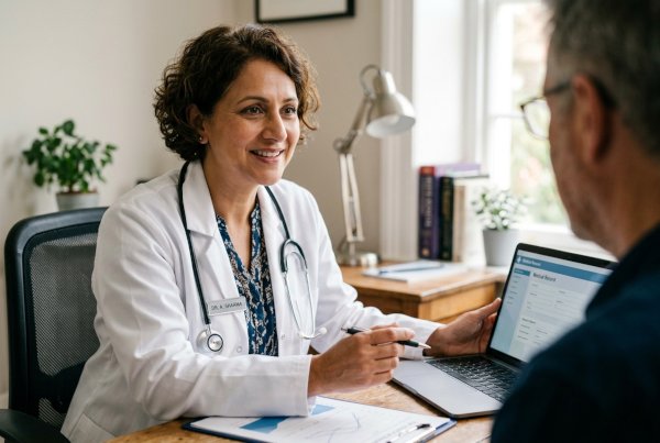Physician smiling while reviewing a patient's records on a laptop during a visit