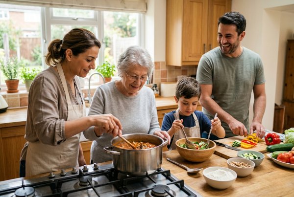 Family cooking a healthy meal together in a home kitchen