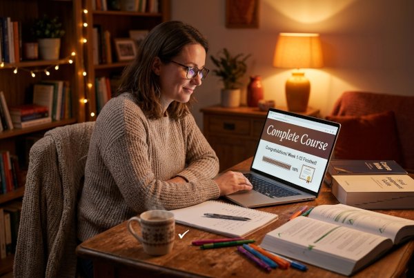 Woman working through the online course on a laptop at home