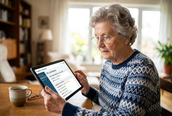 Woman reviewing verified lab results on a tablet